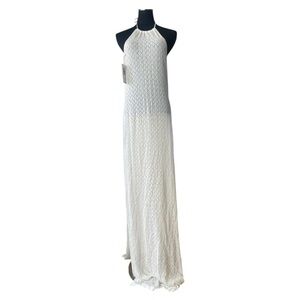 NWT Handmade Crochet Cotton White Mesh Maxi Dress/Coverup Halter One Size